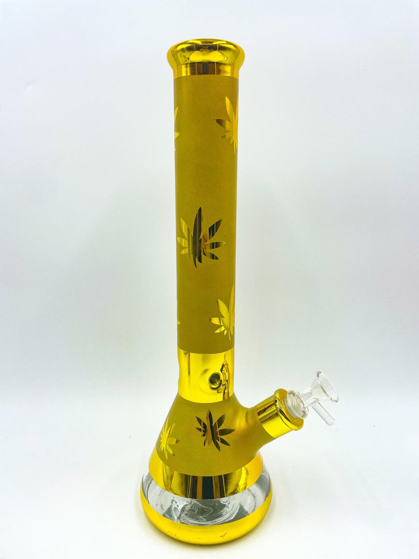 Sandblasted Gold Beaker Water Pipe w/ Chrome Weed Accents - 15"
