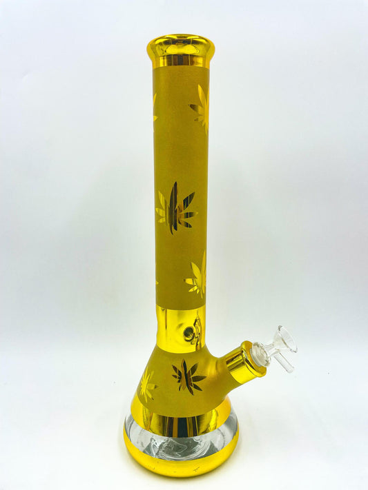 Sandblasted Gold Beaker Water Pipe w/  Chrome Weed Accents - 15"